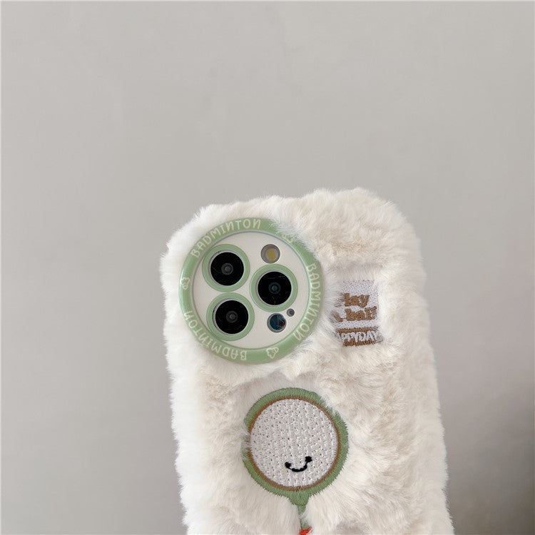 For iPhone 16 Pro Case Cute Racket Pattern Furry TPU Warm Phone Cover - Tennis Racket