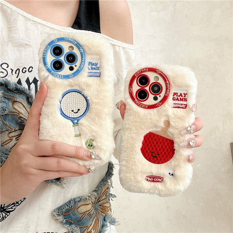 For iPhone 16 Pro Case Cute Racket Pattern Furry TPU Warm Phone Cover - Tennis Racket