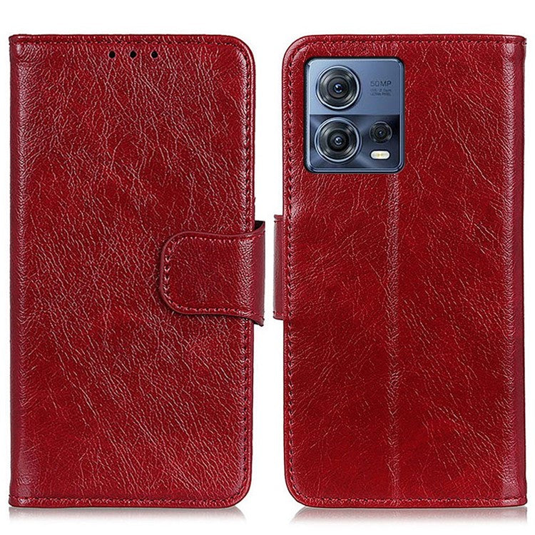 For Motorola Moto S30 Pro 5G Nappa Texture Split Leather Wallet Case Strong Magnetic Clasp Stand Feature Shockproof Flip Cover - Red