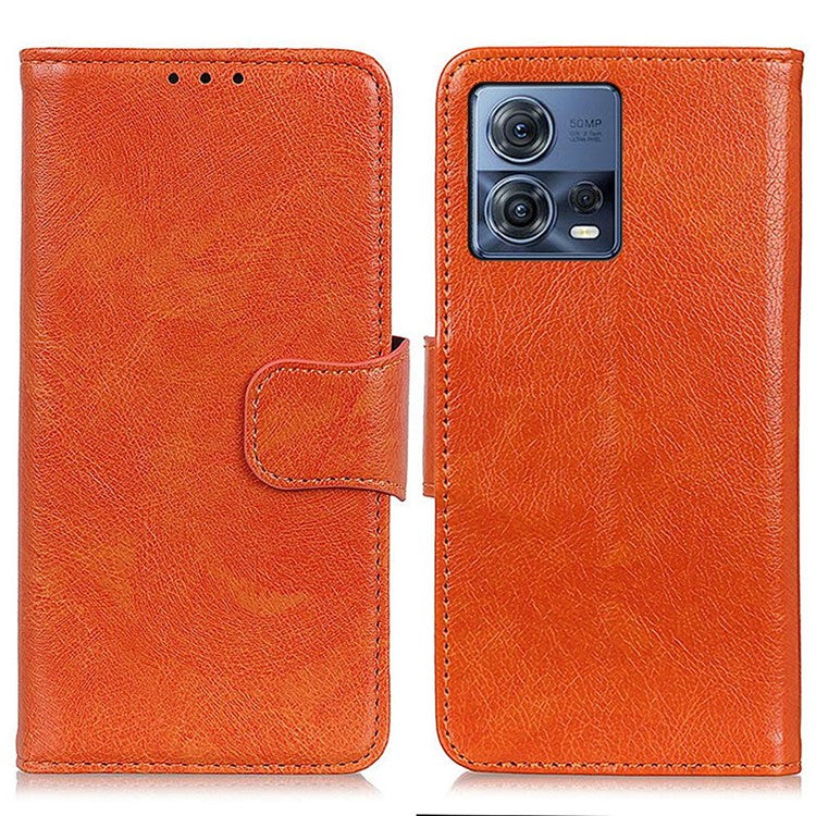 For Motorola Moto S30 Pro 5G Nappa Texture Split Leather Wallet Case Strong Magnetic Clasp Stand Feature Shockproof Flip Cover - Orange