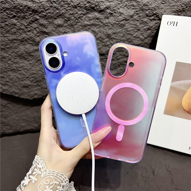 For iPhone 16 Plus Case Compatible with MagSafe Ink Painting IMD PC+TPU Phone Cover - Pink