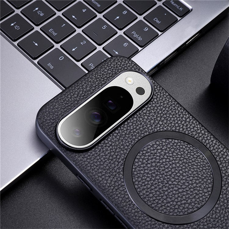 For Google Pixel 9 Pro XL Case Compatible with MagSafe Litchi Texture PU Leather+TPU Phone Cover - Black