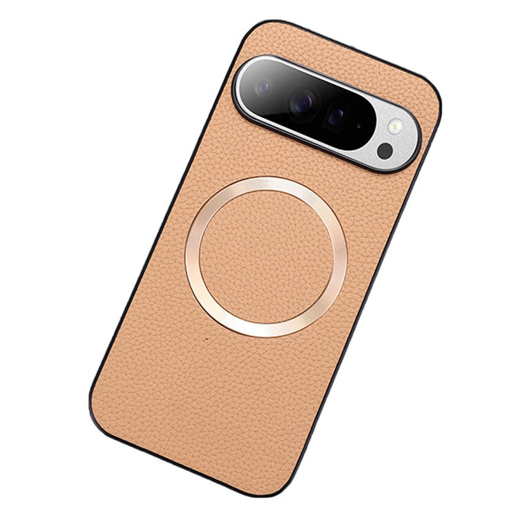 For Google Pixel 9 Pro XL Case Compatible with MagSafe Litchi Texture PU Leather+TPU Phone Cover - Gold
