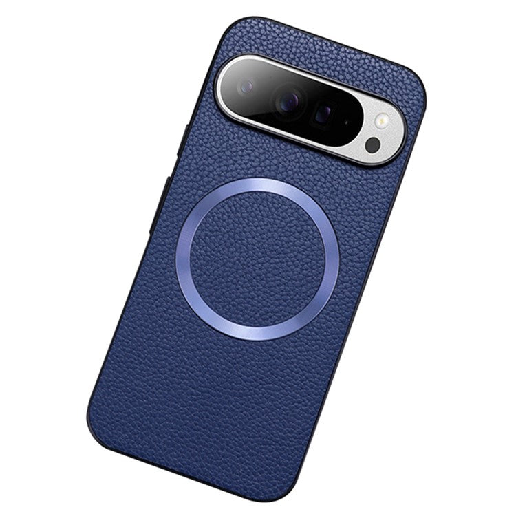 For Google Pixel 9 Pro XL Case Compatible with MagSafe Litchi Texture PU Leather+TPU Phone Cover - Blue