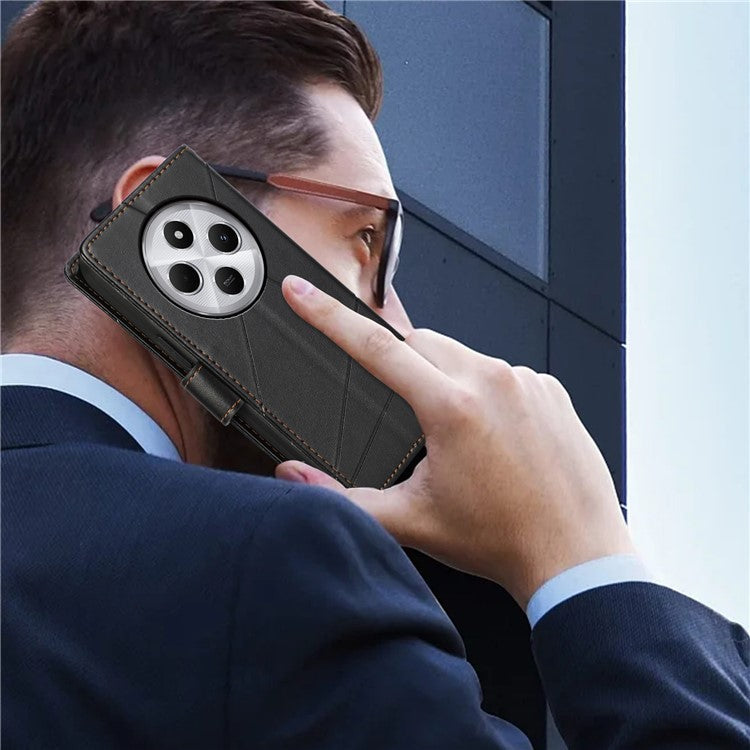 DF-06 Phone Case For Xiaomi Poco C75 4G / Redmi 14R 5G / 14C 4G Line Imprint Leather Wallet Cover - Black