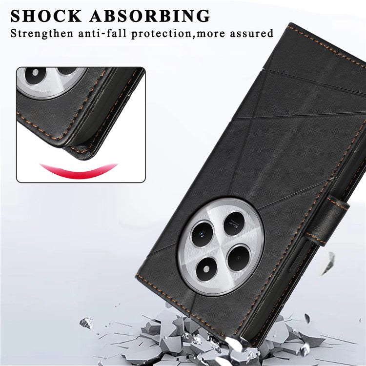 DF-06 Phone Case For Xiaomi Poco C75 4G / Redmi 14R 5G / 14C 4G Line Imprint Leather Wallet Cover - Black