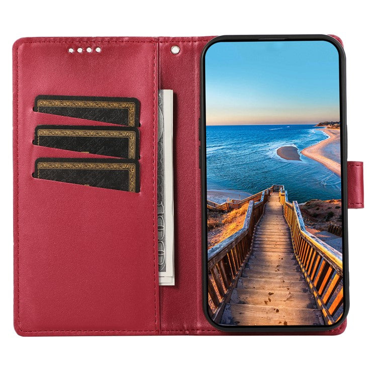DF-06 Phone Case For Xiaomi Poco C75 4G / Redmi 14R 5G / 14C 4G Line Imprint Leather Wallet Cover - Red