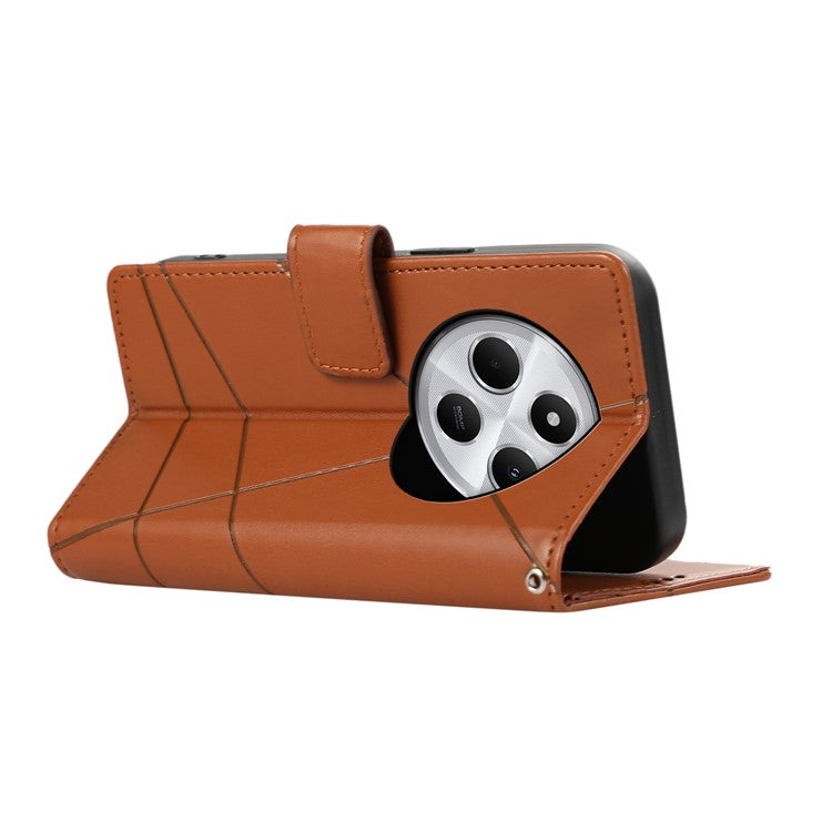DF-06 Phone Case For Xiaomi Poco C75 4G / Redmi 14R 5G / 14C 4G Line Imprint Leather Wallet Cover - Brown