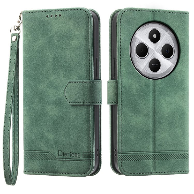 DIERFENG DF-03 Leather Case For Xiaomi Poco C75 4G / Redmi 14R 5G / 14C 4G Lines Imprint Wallet Phone Cover - Green