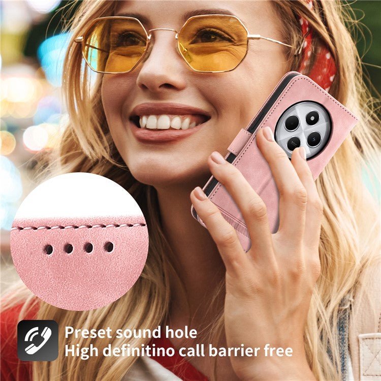 DIERFENG DF-03 Leather Case For Xiaomi Poco C75 4G / Redmi 14R 5G / 14C 4G Lines Imprint Wallet Phone Cover - Pink