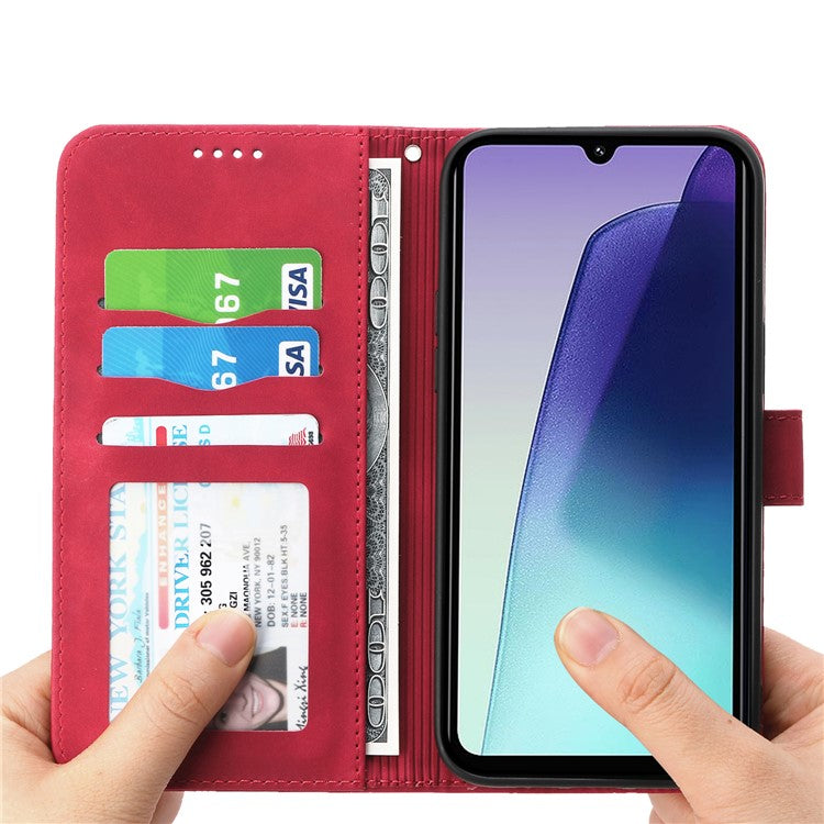 DIERFENG DF-03 Leather Case For Xiaomi Poco C75 4G / Redmi 14R 5G / 14C 4G Lines Imprint Wallet Phone Cover - Red