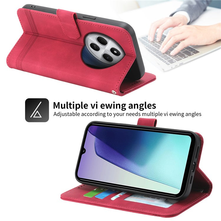DIERFENG DF-03 Leather Case For Xiaomi Poco C75 4G / Redmi 14R 5G / 14C 4G Lines Imprint Wallet Phone Cover - Red
