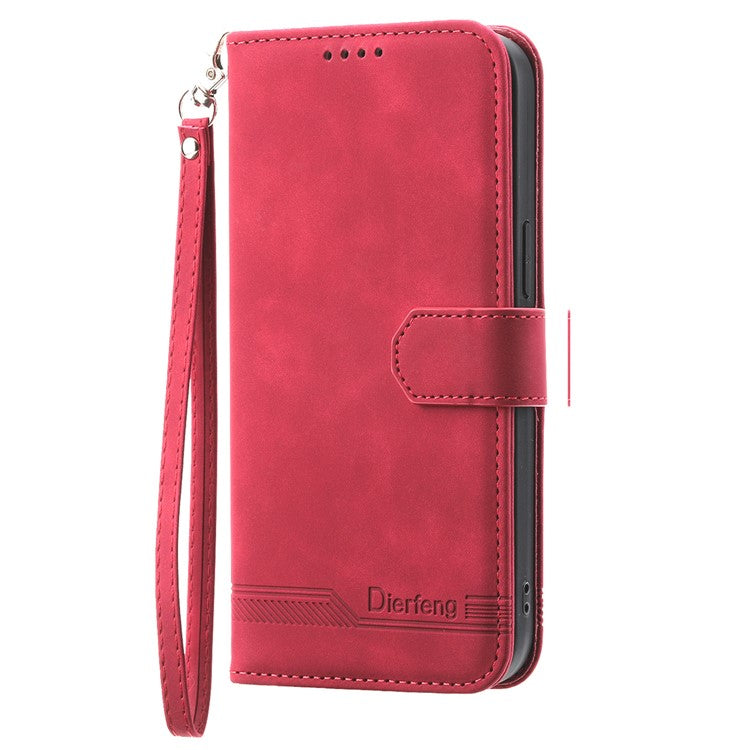 DIERFENG DF-03 Leather Case For Xiaomi Poco C75 4G / Redmi 14R 5G / 14C 4G Lines Imprint Wallet Phone Cover - Red