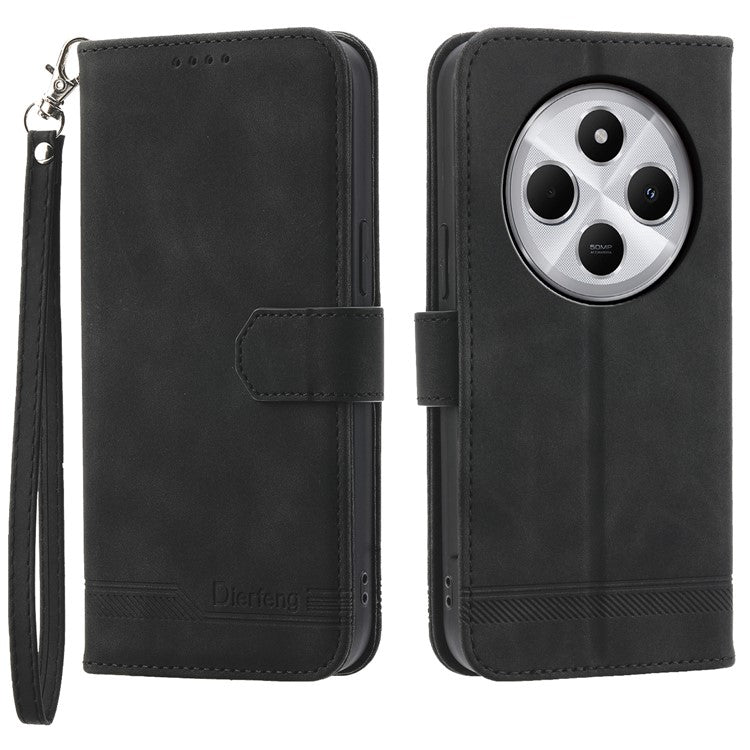 DIERFENG DF-03 Leather Case For Xiaomi Poco C75 4G / Redmi 14R 5G / 14C 4G Lines Imprint Wallet Phone Cover - Black