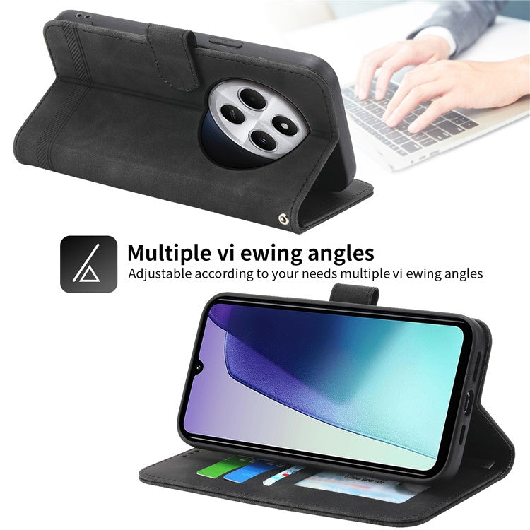DIERFENG DF-03 Leather Case For Xiaomi Poco C75 4G / Redmi 14R 5G / 14C 4G Lines Imprint Wallet Phone Cover - Black
