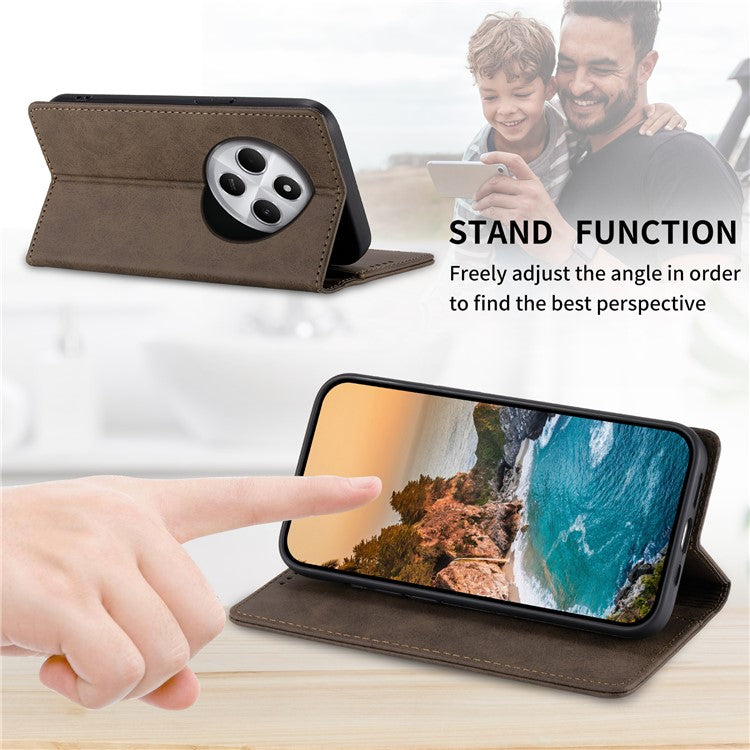 DF-05 Wallet Case For Xiaomi Poco C75 4G / Redmi 14R 5G / 14C 4G RFID Blocking PU Leather Phone Cover - Brown