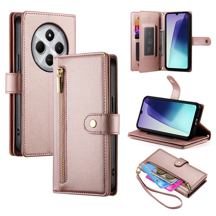 DF-011 Leather Case For Xiaomi Poco C75 4G / Redmi 14R 5G / 14C 4G Zipper Pocket Wallet Phone Cover with Straps - Pink