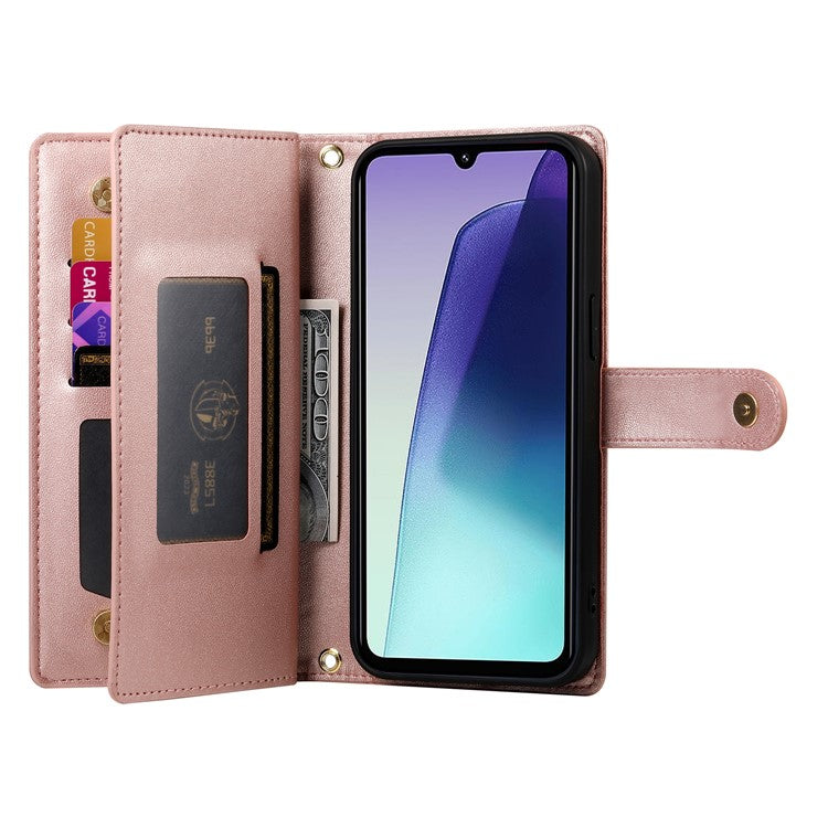 DF-011 Leather Case For Xiaomi Poco C75 4G / Redmi 14R 5G / 14C 4G Zipper Pocket Wallet Phone Cover with Straps - Pink