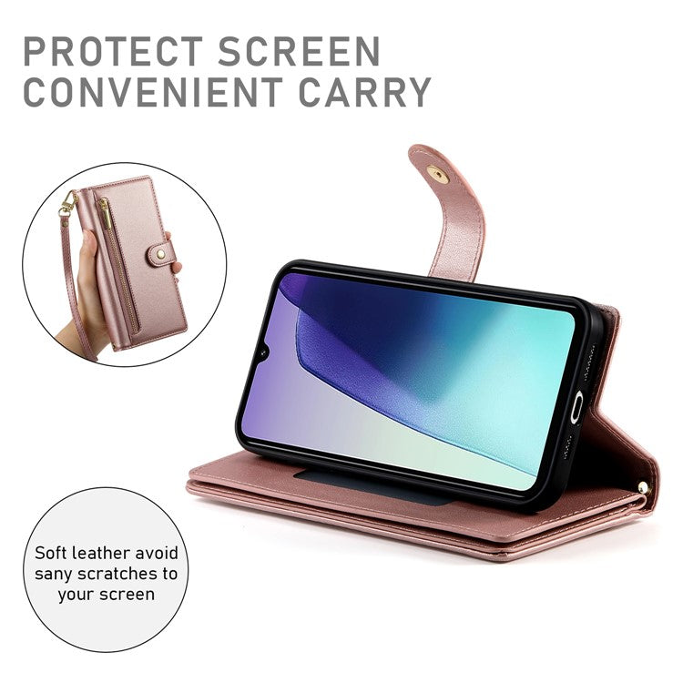 DF-011 Leather Case For Xiaomi Poco C75 4G / Redmi 14R 5G / 14C 4G Zipper Pocket Wallet Phone Cover with Straps - Pink
