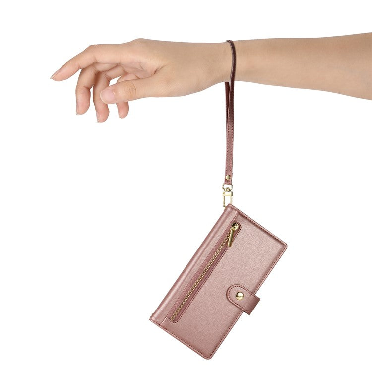 DF-011 Leather Case For Xiaomi Poco C75 4G / Redmi 14R 5G / 14C 4G Zipper Pocket Wallet Phone Cover with Straps - Pink