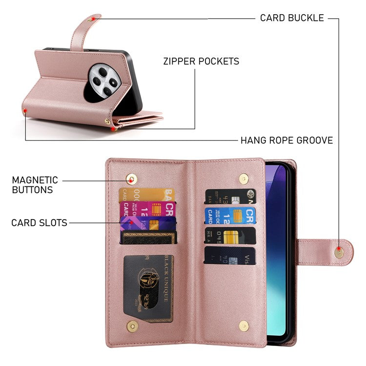 DF-011 Leather Case For Xiaomi Poco C75 4G / Redmi 14R 5G / 14C 4G Zipper Pocket Wallet Phone Cover with Straps - Pink