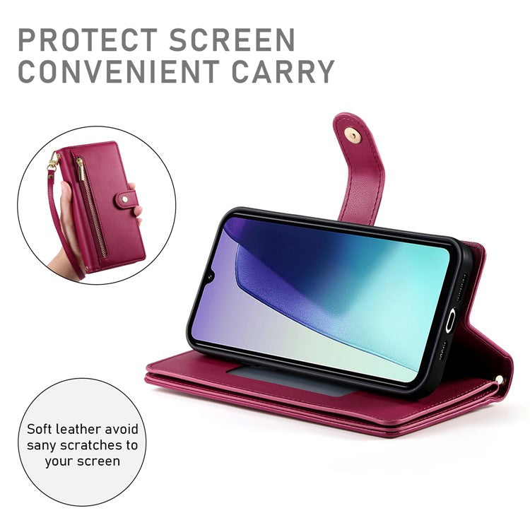 DF-011 Leather Case For Xiaomi Poco C75 4G / Redmi 14R 5G / 14C 4G Zipper Pocket Wallet Phone Cover with Straps - Red