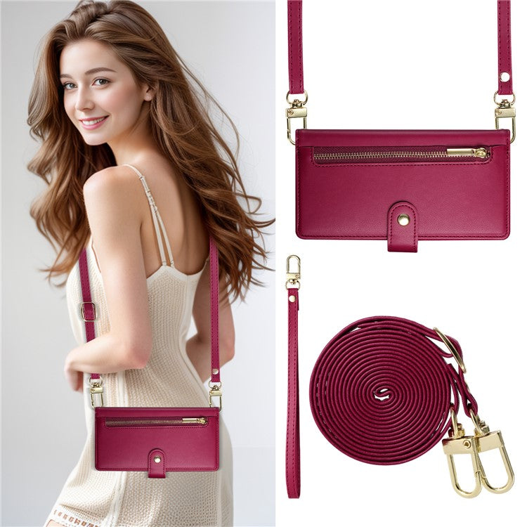 DF-011 Leather Case For Xiaomi Poco C75 4G / Redmi 14R 5G / 14C 4G Zipper Pocket Wallet Phone Cover with Straps - Red