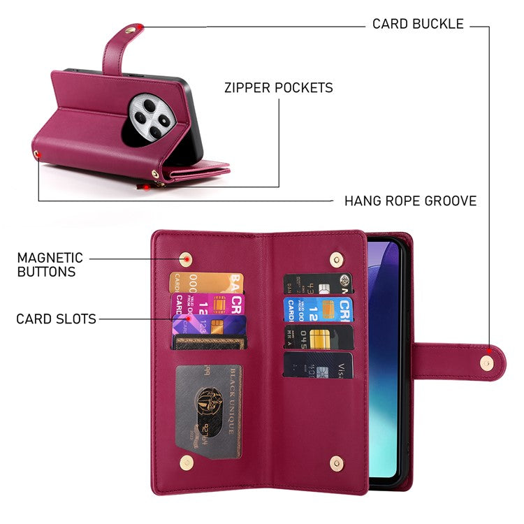 DF-011 Leather Case For Xiaomi Poco C75 4G / Redmi 14R 5G / 14C 4G Zipper Pocket Wallet Phone Cover with Straps - Red