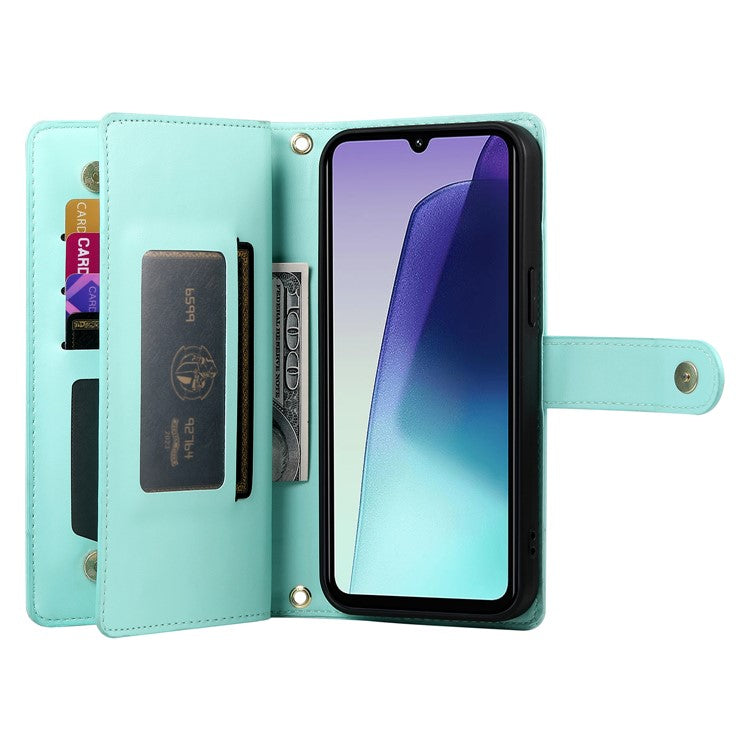 DF-011 Leather Case For Xiaomi Poco C75 4G / Redmi 14R 5G / 14C 4G Zipper Pocket Wallet Phone Cover with Straps - Mint Green