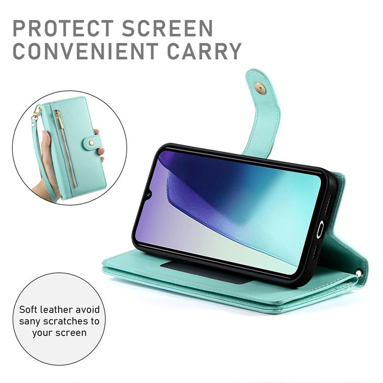 DF-011 Leather Case For Xiaomi Poco C75 4G / Redmi 14R 5G / 14C 4G Zipper Pocket Wallet Phone Cover with Straps - Mint Green