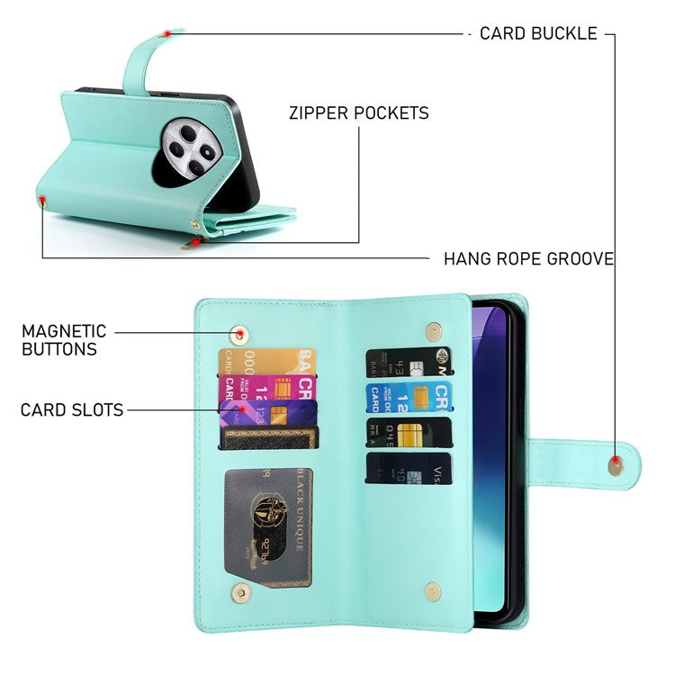 DF-011 Leather Case For Xiaomi Poco C75 4G / Redmi 14R 5G / 14C 4G Zipper Pocket Wallet Phone Cover with Straps - Mint Green