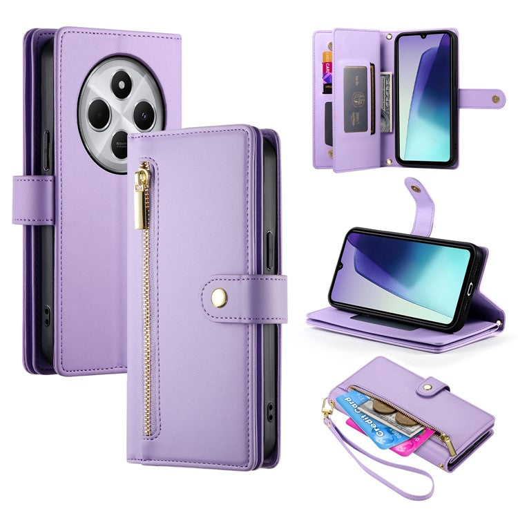DF-011 Leather Case For Xiaomi Poco C75 4G / Redmi 14R 5G / 14C 4G Zipper Pocket Wallet Phone Cover with Straps - Purple