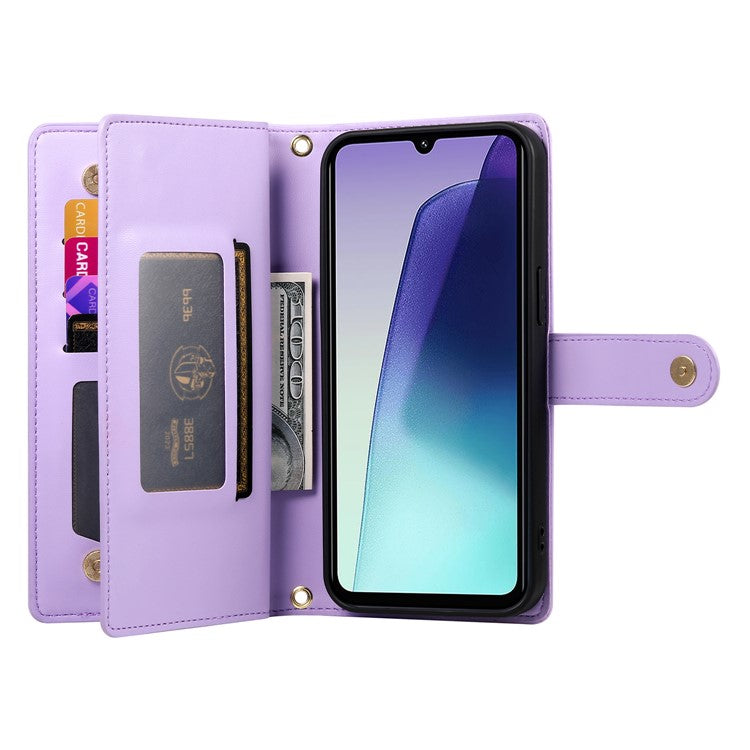 DF-011 Leather Case For Xiaomi Poco C75 4G / Redmi 14R 5G / 14C 4G Zipper Pocket Wallet Phone Cover with Straps - Purple