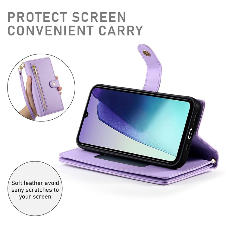 DF-011 Leather Case For Xiaomi Poco C75 4G / Redmi 14R 5G / 14C 4G Zipper Pocket Wallet Phone Cover with Straps - Purple