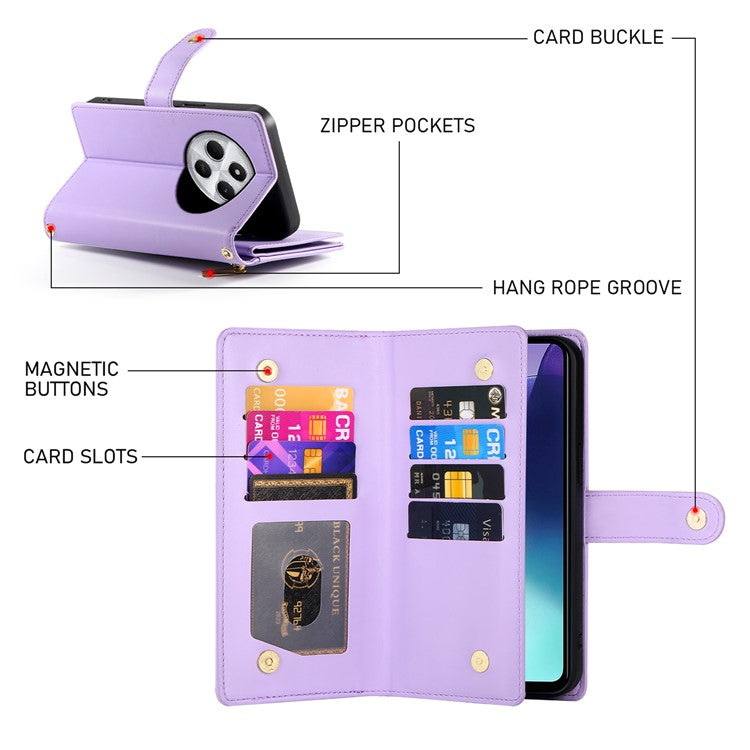 DF-011 Leather Case For Xiaomi Poco C75 4G / Redmi 14R 5G / 14C 4G Zipper Pocket Wallet Phone Cover with Straps - Purple