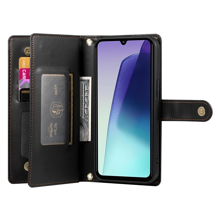 DF-011 Leather Case For Xiaomi Poco C75 4G / Redmi 14R 5G / 14C 4G Zipper Pocket Wallet Phone Cover with Straps - Black