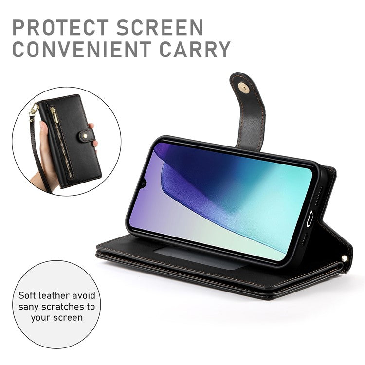 DF-011 Leather Case For Xiaomi Poco C75 4G / Redmi 14R 5G / 14C 4G Zipper Pocket Wallet Phone Cover with Straps - Black