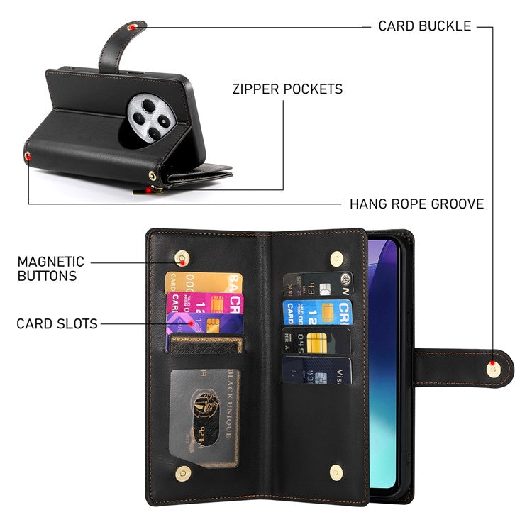 DF-011 Leather Case For Xiaomi Poco C75 4G / Redmi 14R 5G / 14C 4G Zipper Pocket Wallet Phone Cover with Straps - Black