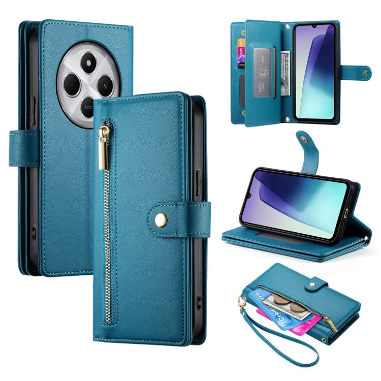 DF-011 Leather Case For Xiaomi Poco C75 4G / Redmi 14R 5G / 14C 4G Zipper Pocket Wallet Phone Cover with Straps - Blue