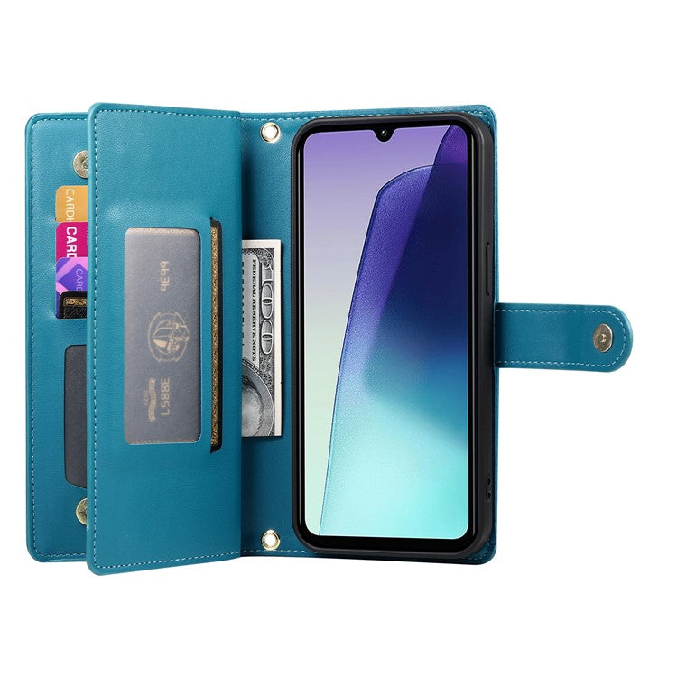 DF-011 Leather Case For Xiaomi Poco C75 4G / Redmi 14R 5G / 14C 4G Zipper Pocket Wallet Phone Cover with Straps - Blue
