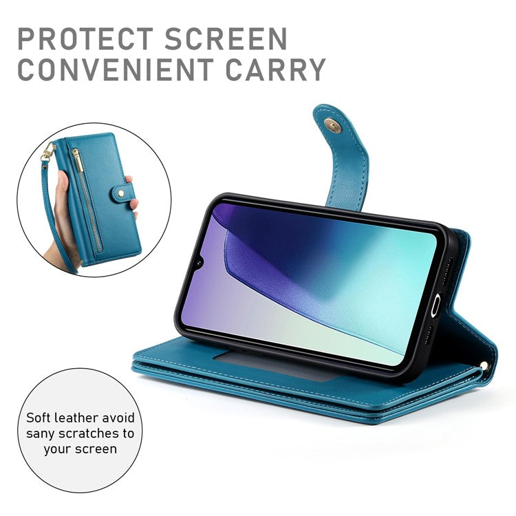 DF-011 Leather Case For Xiaomi Poco C75 4G / Redmi 14R 5G / 14C 4G Zipper Pocket Wallet Phone Cover with Straps - Blue