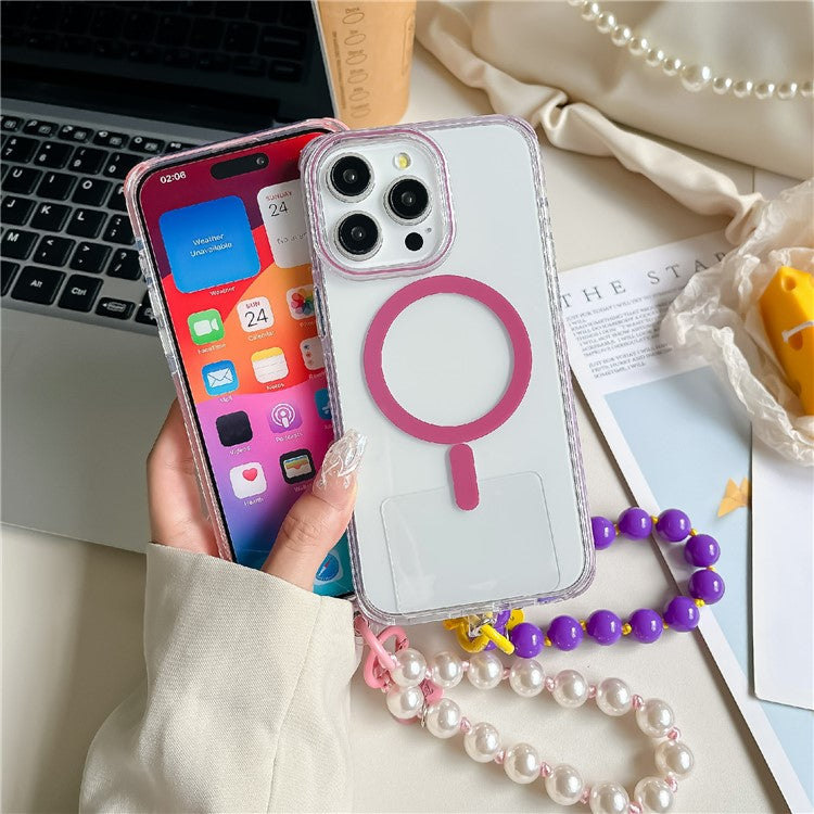 For iPhone 16 Pro Case Compatible with MagSafe PC+TPU Clear Anti-Drop Phone Cover with Wrist Chain - Purple