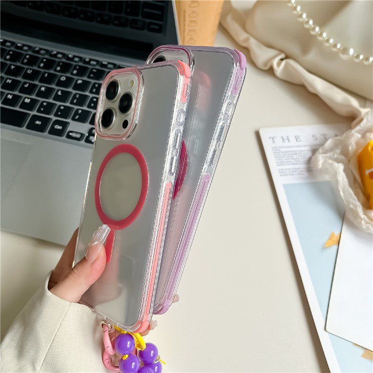 For iPhone 16 Pro Case Compatible with MagSafe PC+TPU Clear Anti-Drop Phone Cover with Wrist Chain - Purple