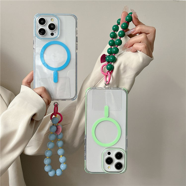 For iPhone 16 Pro Case Compatible with MagSafe PC+TPU Clear Anti-Drop Phone Cover with Wrist Chain - Purple