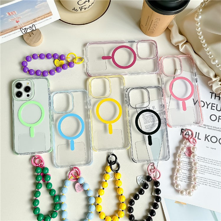 For iPhone 16 Pro Case Compatible with MagSafe PC+TPU Clear Anti-Drop Phone Cover with Wrist Chain - Purple