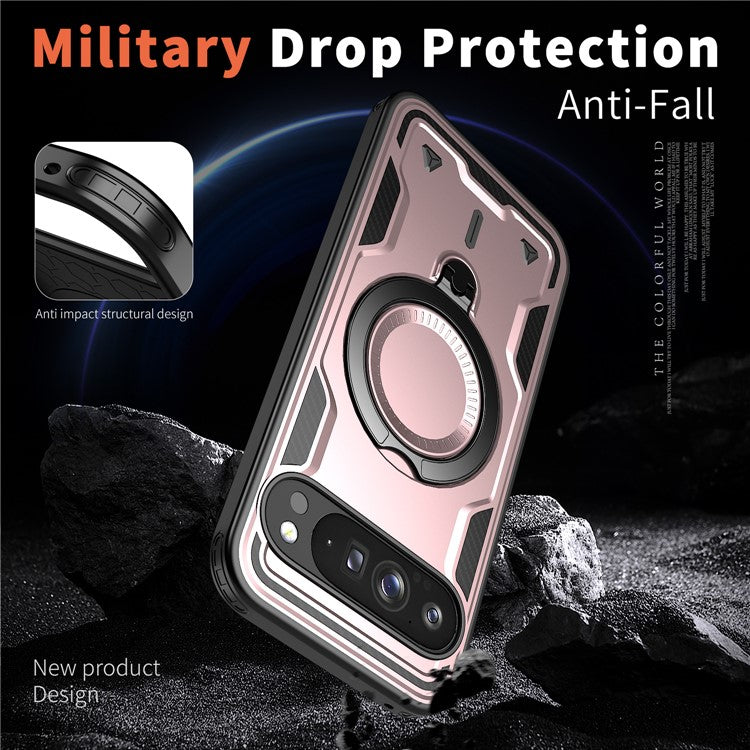 For Google Pixel 9 Pro XL Case Compatible with MagSafe Military Protection PC+TPU Kickstand Phone Cover - Rose Gold