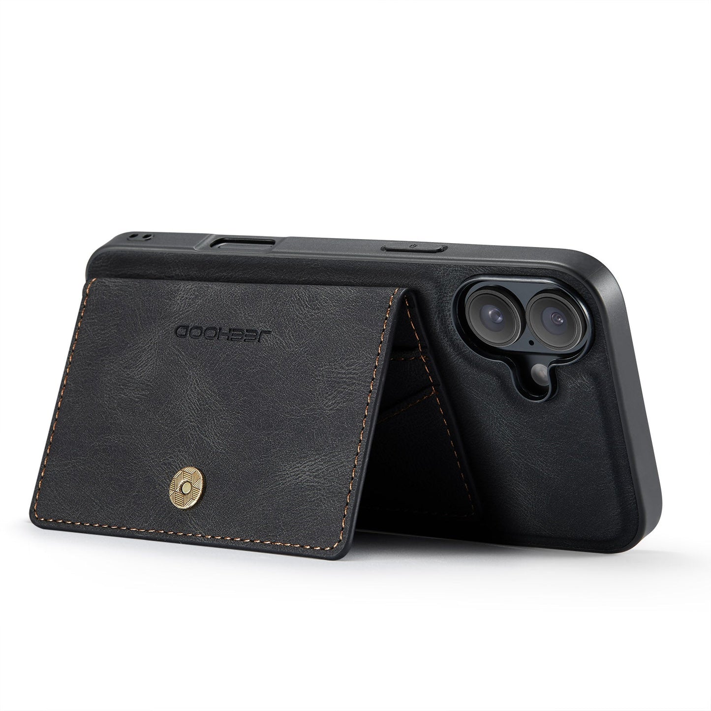 For iPhone 16 Plus Case JEEHOOD J01 Retro Leather + TPU Phone Cover Detachable Magnetic Card Holder - Black