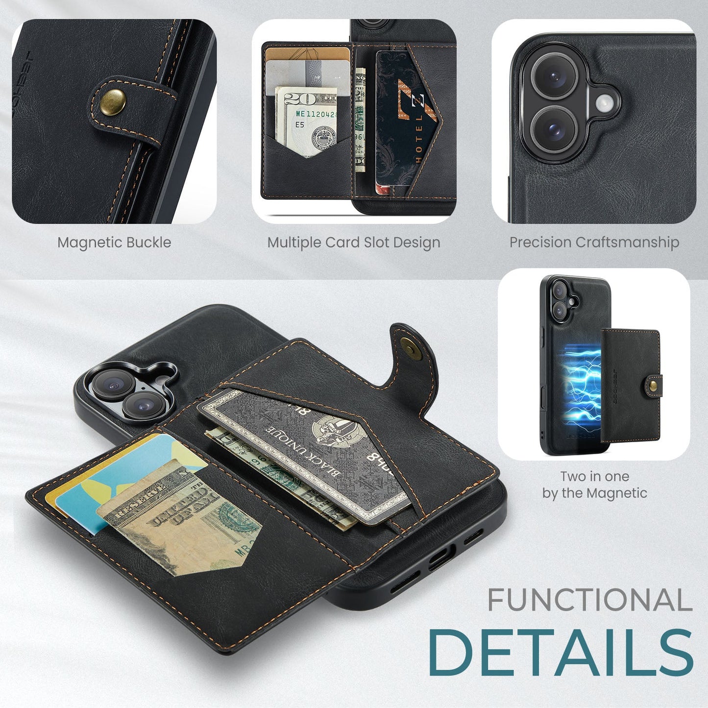 For iPhone 16 Plus Case JEEHOOD J01 Retro Leather + TPU Phone Cover Detachable Magnetic Card Holder - Black