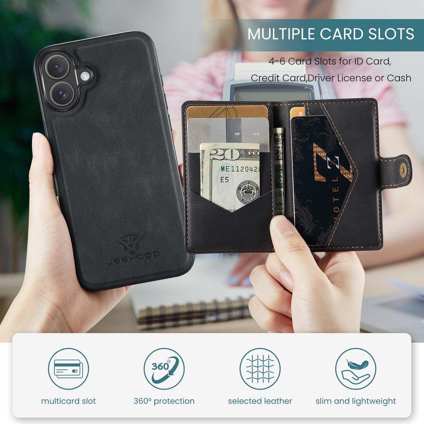 For iPhone 16 Plus Case JEEHOOD J01 Retro Leather + TPU Phone Cover Detachable Magnetic Card Holder - Black