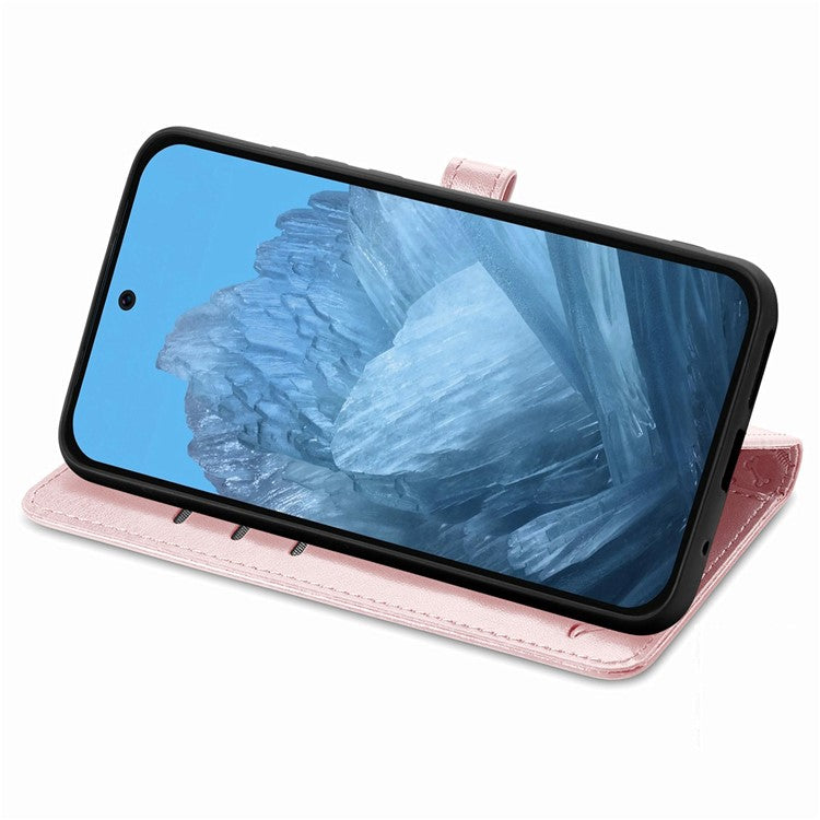For Google Pixel 9 / Pixel 9 Pro Case Leather Wallet Flip Phone Cover Cute Cat Dog Pattern - Rose Gold